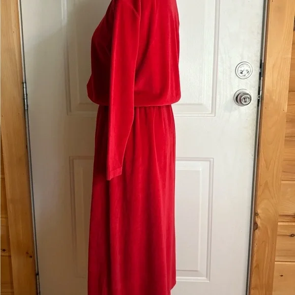 Vintage L.L. Bean Red Velour Long Sleeve Midi Dress Small Petite - Picture 4 of 15